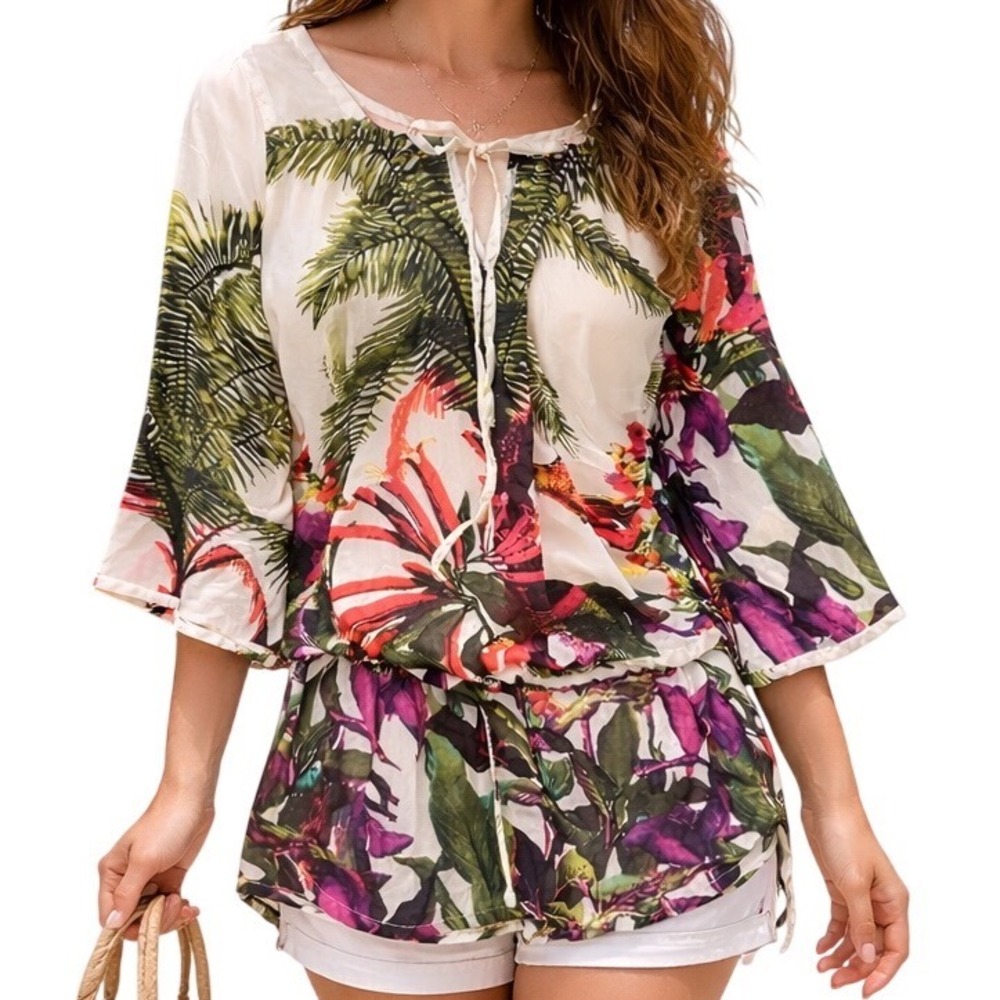 Desigual Women's Tropical Summer Printed 3/4 Sleeve Pullover Blouse Size Large